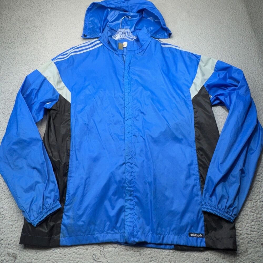 VINTAGE Adidas Jacket Men Large Blue 80s Trefoil Ventex Windbreaker Hooded Zip‎